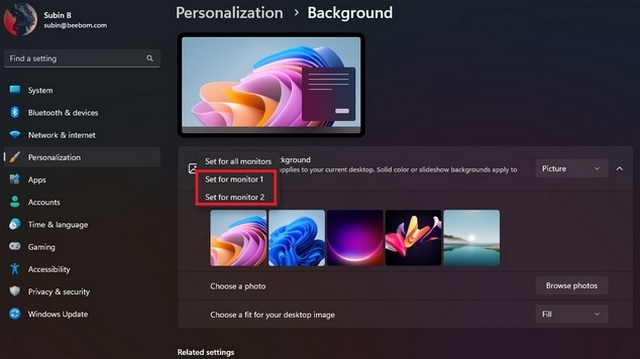 మానిటర్ 1 మరియు 2 కోసం Windows 11 వాల్పేపర్ను సెట్ చేయండి